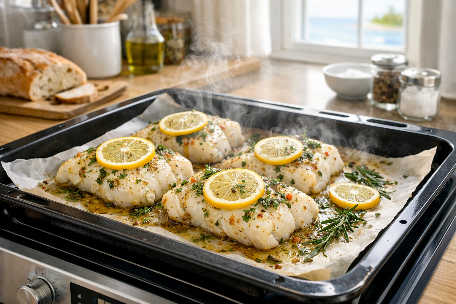 Pieczeń z łososia na jasnym, nadmorskim stole